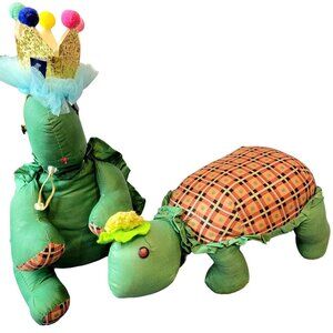 Vintage 80s Handmade Turtle Stuffed Animal Set Plaid Hat Home Decor Child Room